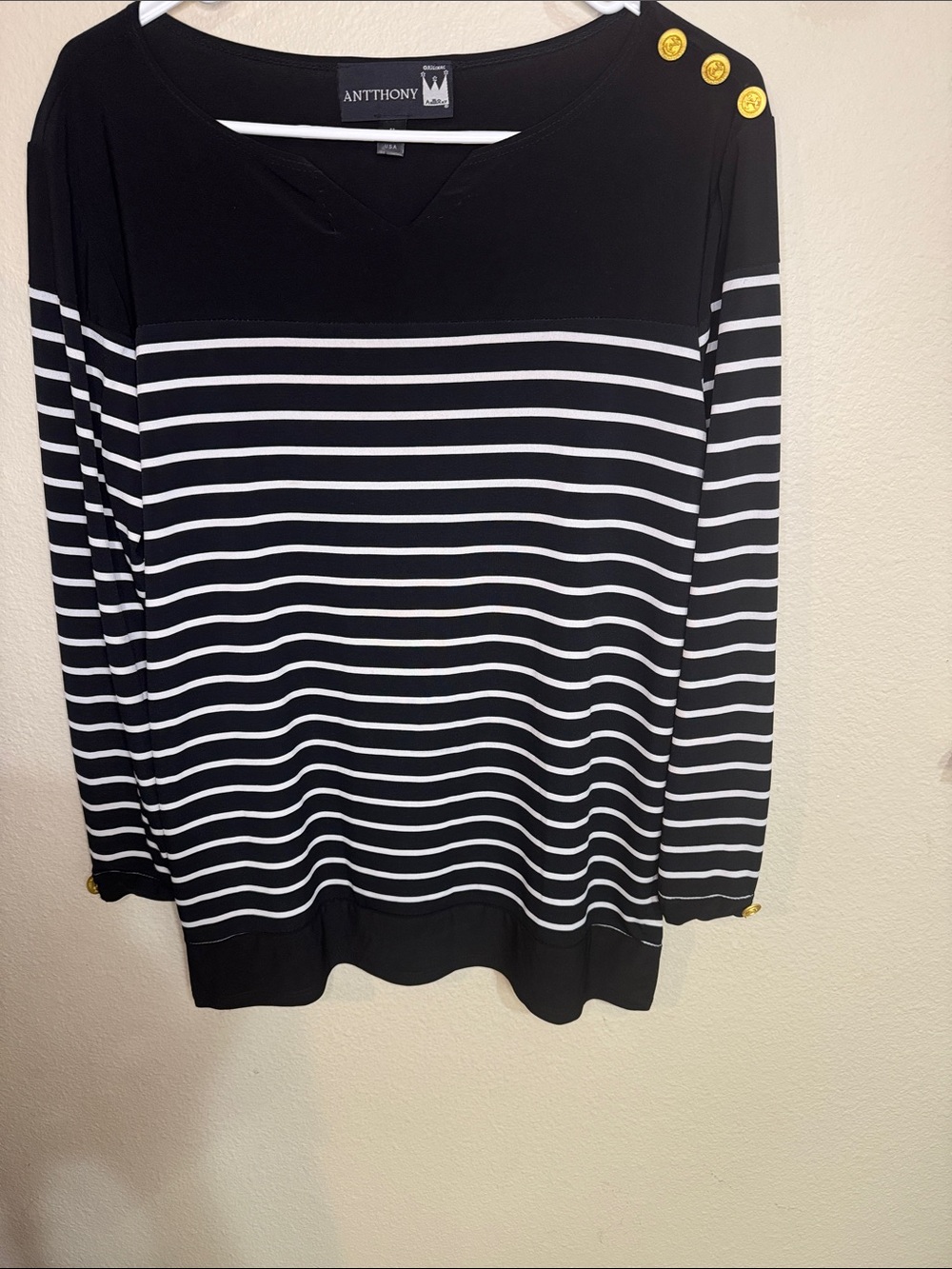 Antthony Black & White Striped Long-Sleeve Top with Gold Shoulder Buttons